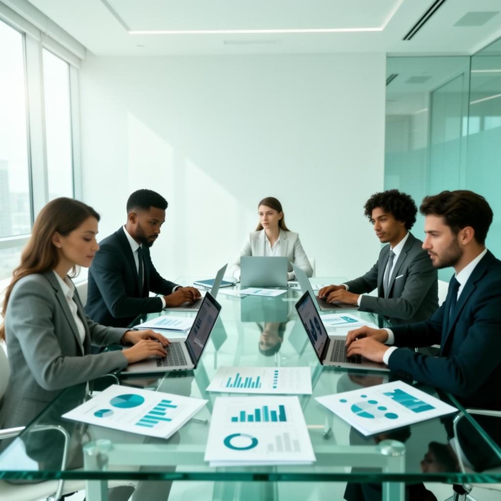Equipo de consultoría empresarial colaborando en una sala moderna